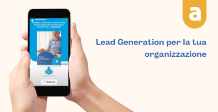 banner dedicato a lead generation con mock up dell'inserzione meta